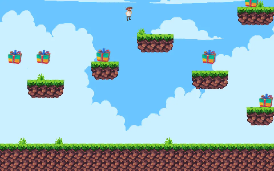 Presents and the player character dropping onto grassy floating platforms in a pixel-art sky