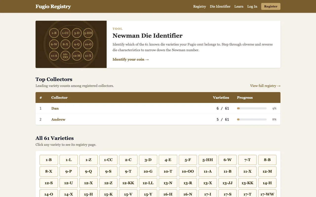 The Fugio Registry homepage, with the Newman Die Identifier, top collectors and the 61 varieties