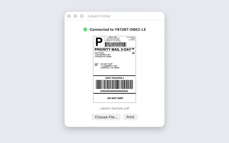 The Label Printer window, connected to the printer and previewing a sample shipping label